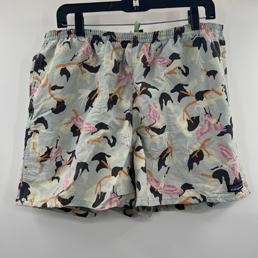 Patagonia Men's Light Blue Shorts with Black, Pink & Orange Bird Print